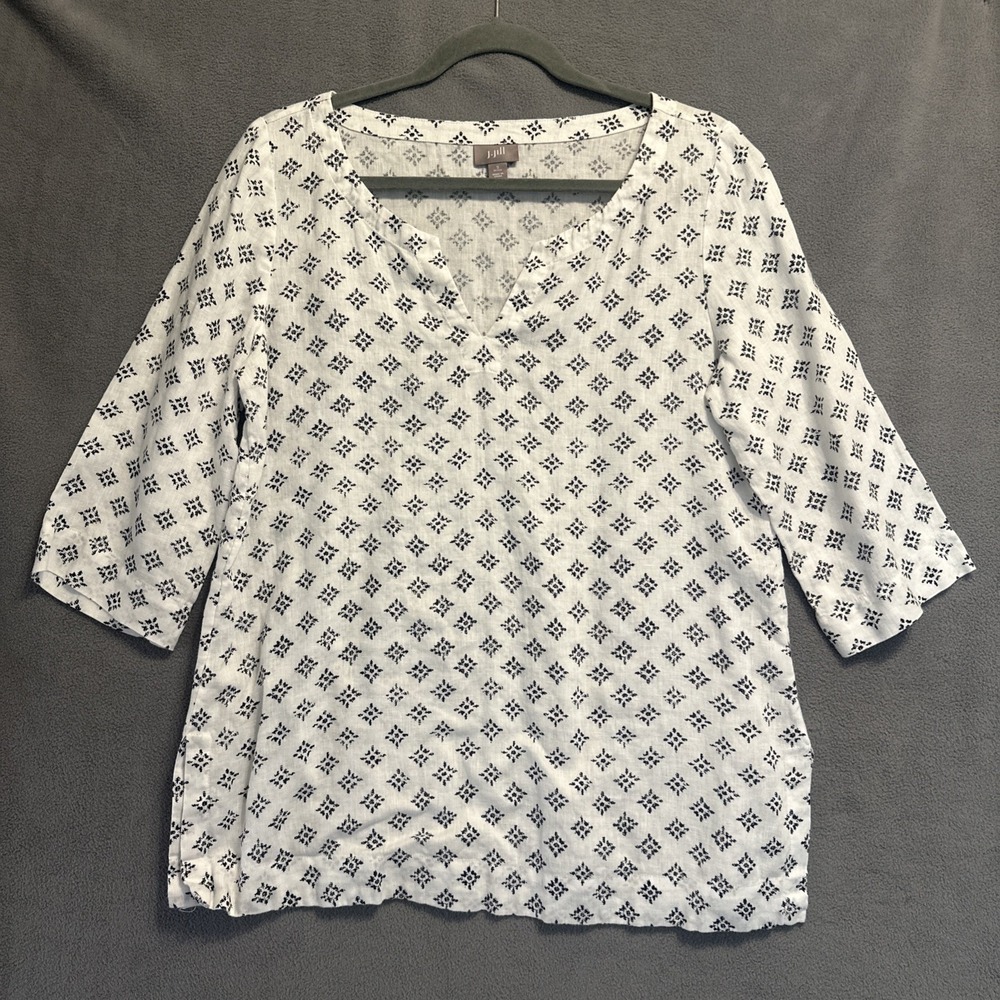 J. Jill 100% Linen Tunic Top Small Petite White Print Resort Coastal‎ Beachy
